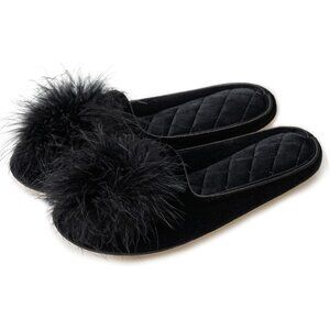 Women's Velvet Pom Pom Black Memory Foam Knit Non Slip Sole Slippers Shoes